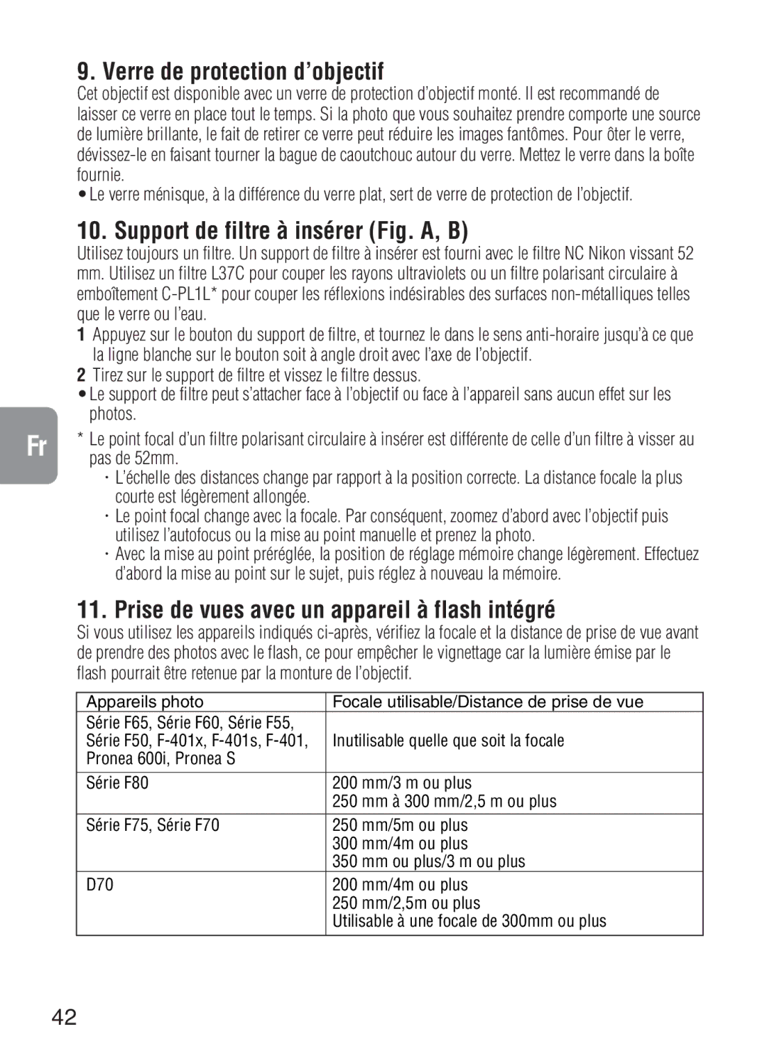 Nikon f/4G IF instruction manual Verre de protection d’objectif, Support de filtre à insérer Fig. A, B, Pas de 52mm 