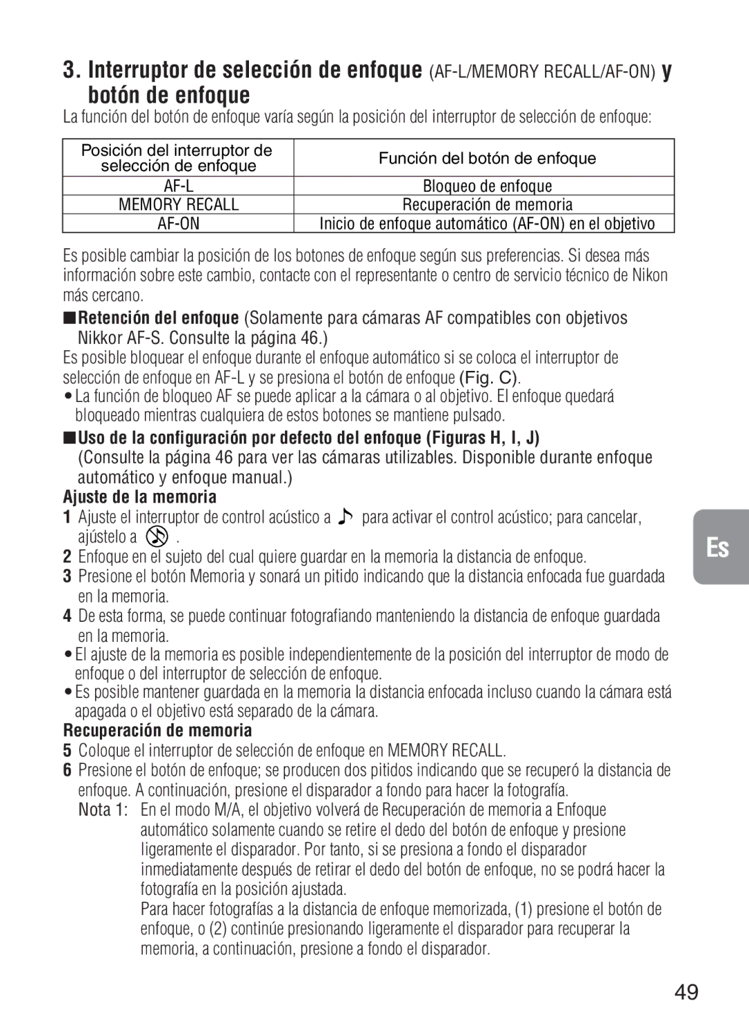 Nikon f/4G IF instruction manual Ajuste de la memoria, Ajústelo a, Recuperación de memoria 