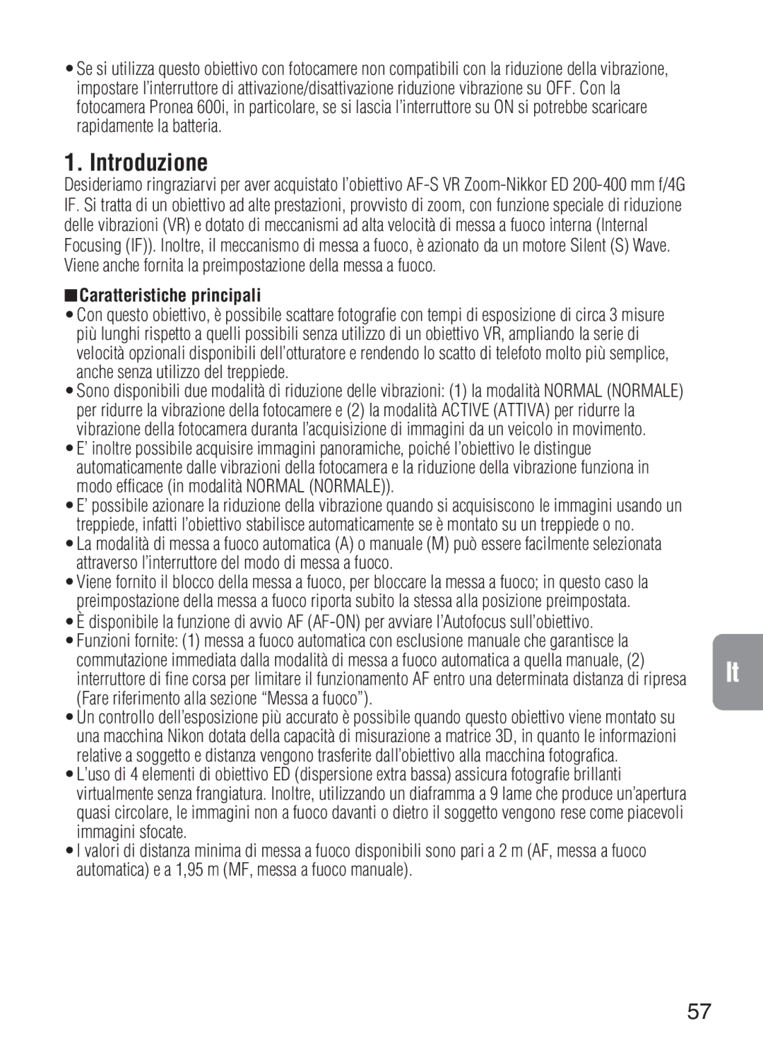 Nikon f/4G IF instruction manual Introduzione, Caratteristiche principali 