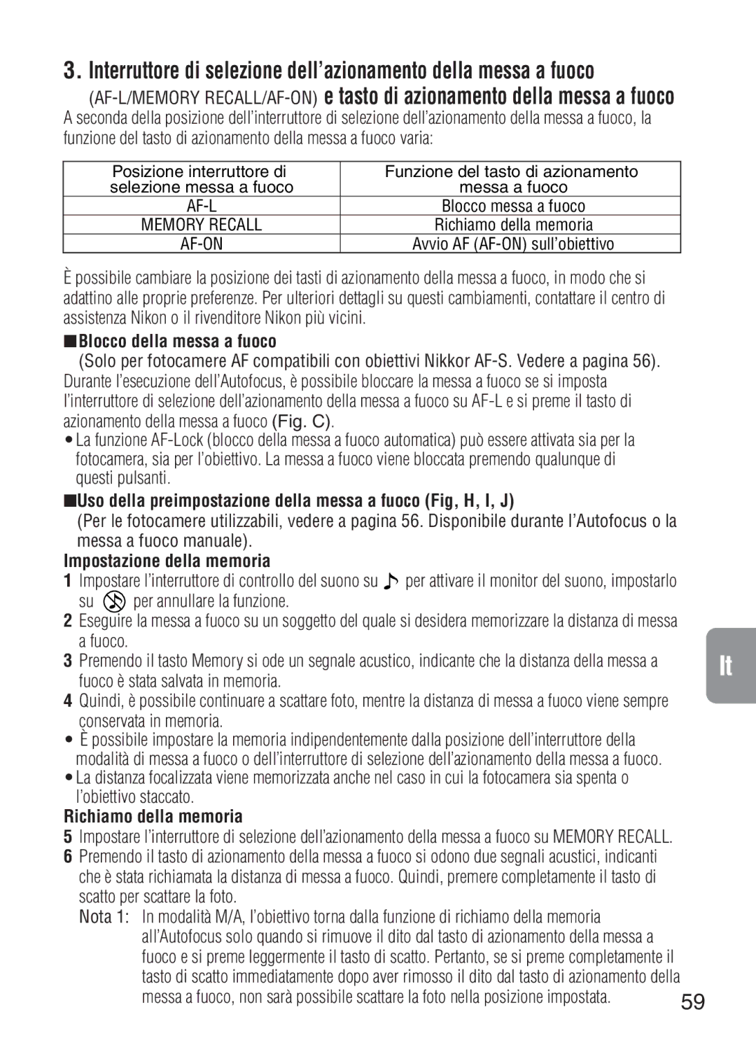 Nikon f/4G IF instruction manual Blocco della messa a fuoco, Uso della preimpostazione della messa a fuoco Fig, H, I, J 