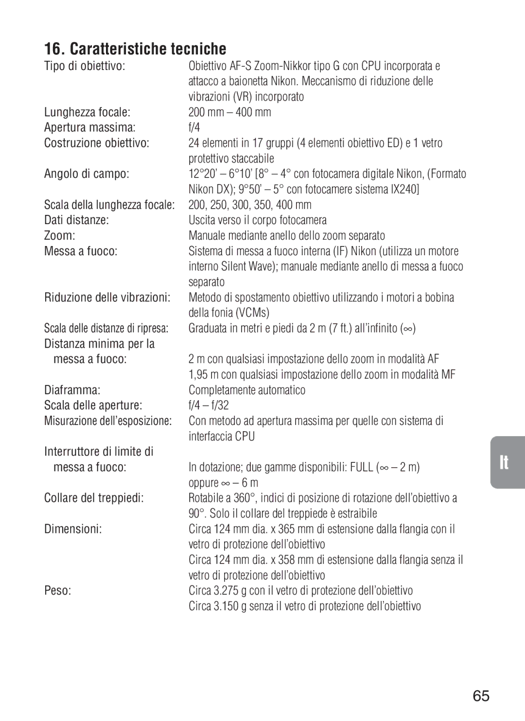 Nikon f/4G IF instruction manual Caratteristiche tecniche 