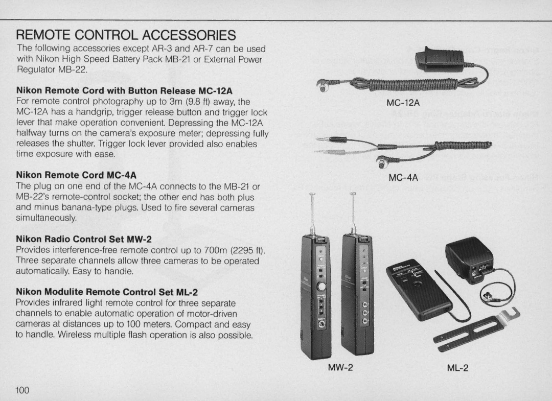 Nikon F4S, F4 Body Only Remote Control Accessories, Nikon Remote Cord with Button Release MC-12A, Nikon Remote Cord MC-4A 