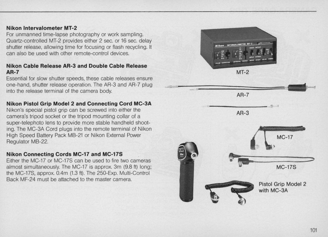 Nikon F4 Body Only, F4S instruction manual Nikon Intervalometer MT-2, Nikon Cable Release AR-3 and Double Cable Release AR-7 