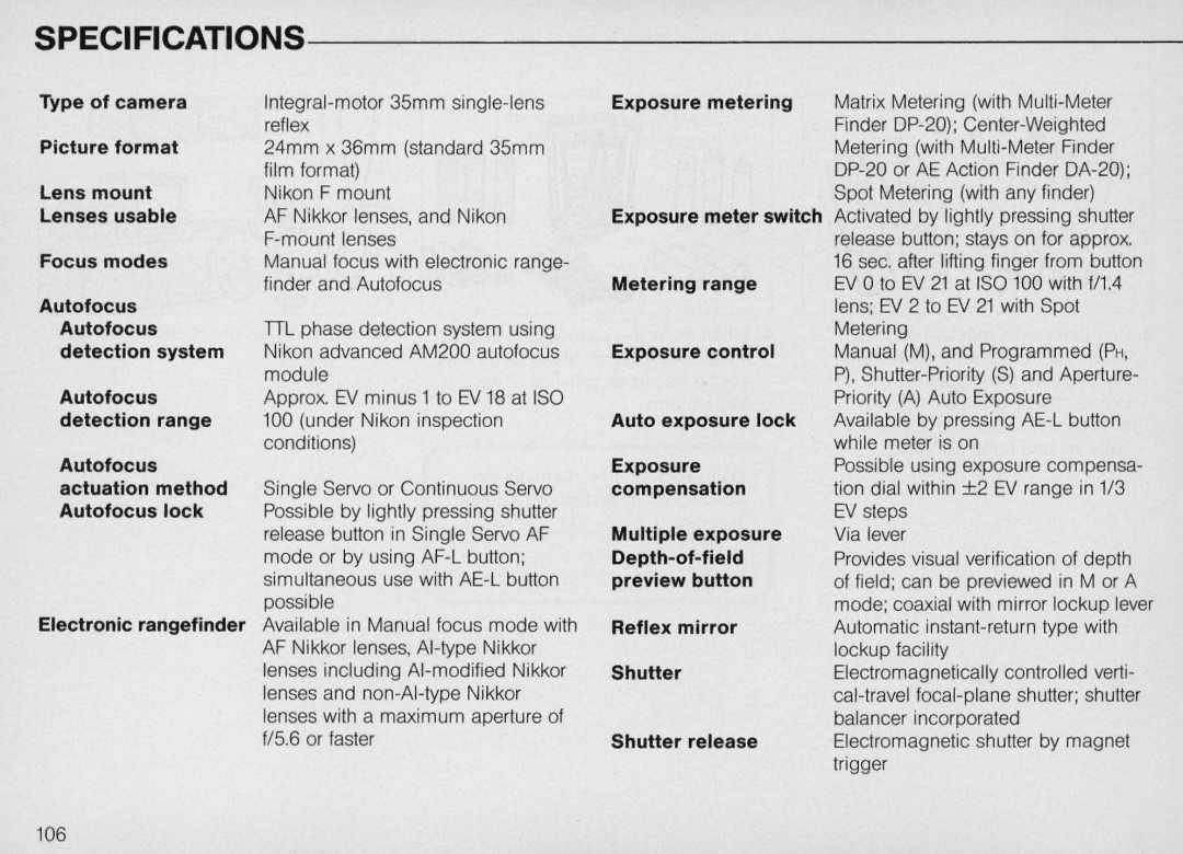 Nikon F4S, F4 Body Only instruction manual Autofocus, Multiple exposure Via lever 