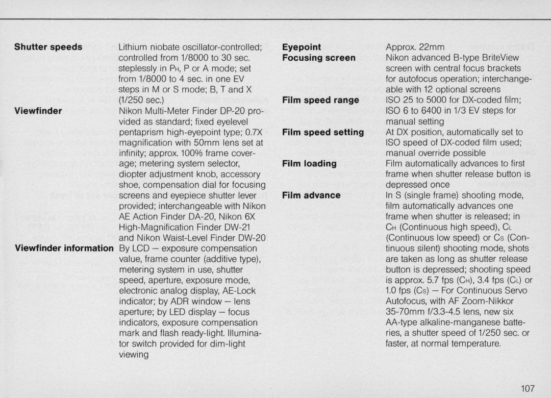 Nikon F4 Body Only, F4S Eyepoint, Focusing screen, Film speed range, Film speed setting, Film loading, Film advance 