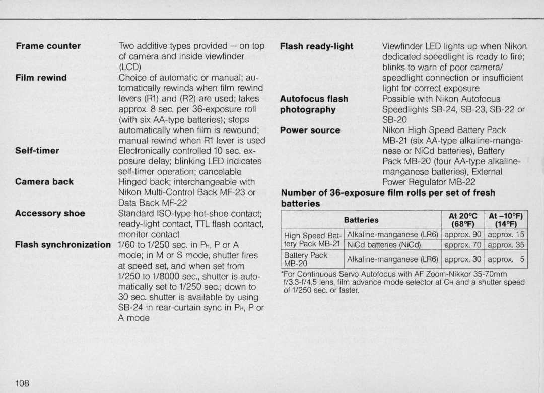 Nikon F4S, F4 Body Only instruction manual Number of 3S-exposure film rolls per set of fresh baHeries, Batteries 