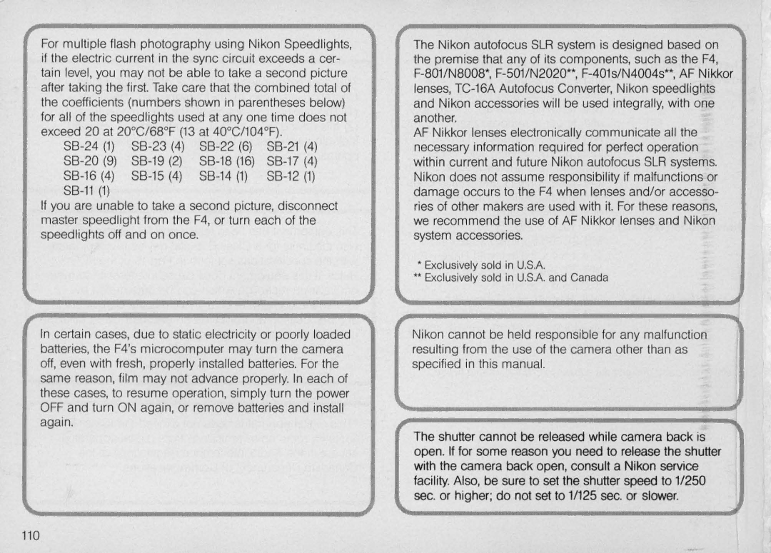 Nikon F4S, F4 Body Only instruction manual Sec. or higher do not set to 11125 sec. or slower 110 