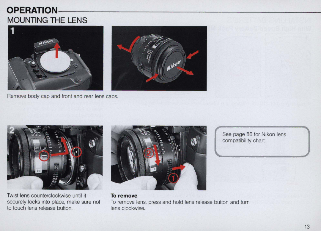 Nikon F4 Body Only, F4S instruction manual Mounting the Lens, To remove 