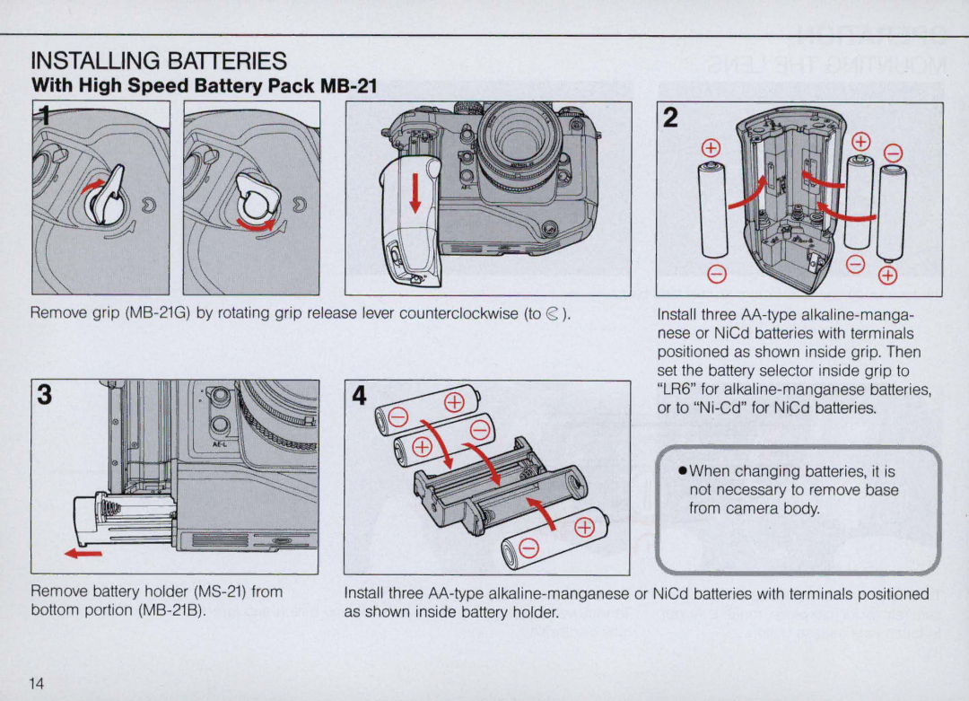 Nikon F4S, F4 Body Only instruction manual Installing Batieries, With High Speed Battery Pack MB-21 