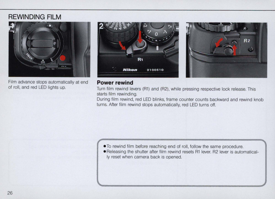 Nikon F4S, F4 Body Only instruction manual Rewinding Film, Power rewind 