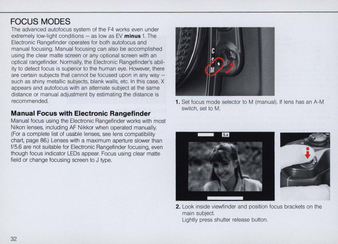 Nikon F4S, F4 Body Only instruction manual Focus Modes, Manual Focus with Electronic Rangefinder 