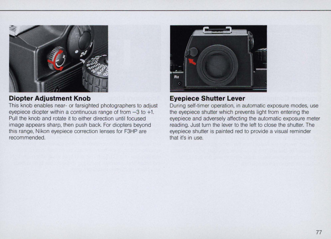 Nikon F4 Body Only, F4S instruction manual Diopter Adjustment Knob, Eyepiece Shutter Lever 