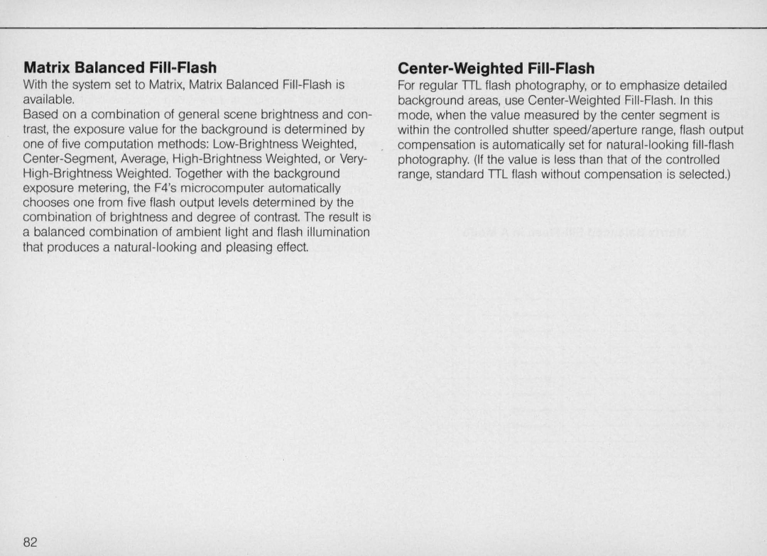 Nikon F4S, F4 Body Only instruction manual Matrix Balanced Fill-Flash, Center-Weighted Fill-Flash 