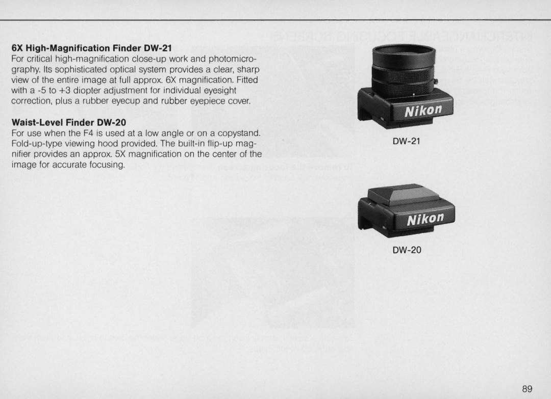 Nikon F4 Body Only, F4S instruction manual 6X High-Magnification Finder DW-21, Waist-Level Finder DW-20, DW-21 DW-20 