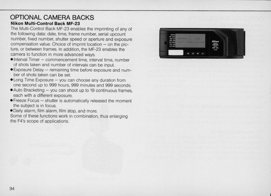 Nikon F4S, F4 Body Only instruction manual Optional Camera Backs, Nikon Multi-Control Back MF-23 