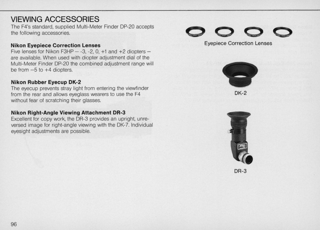 Nikon F4S, F4 Body Only instruction manual Viewing Accessories, Nikon Eyepiece Correction Lenses, Nikon Rubber Eyecup DK-2 