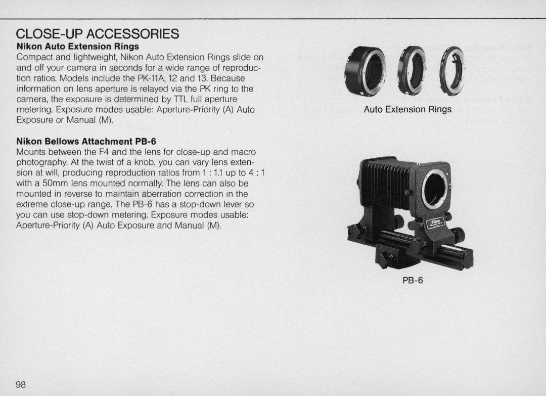 Nikon F4S, F4 Body Only instruction manual Nikon Auto Extension Rings, Nikon Bellows Attachment PB-6 