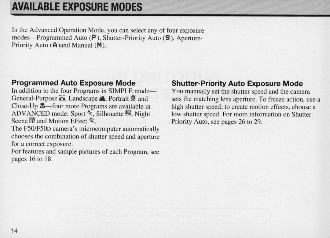 Nikon F50 instruction manual Available Exposure Modes, Programmed Auto Exposure Mode, Shutter-Priority Auto Exposure Mode 