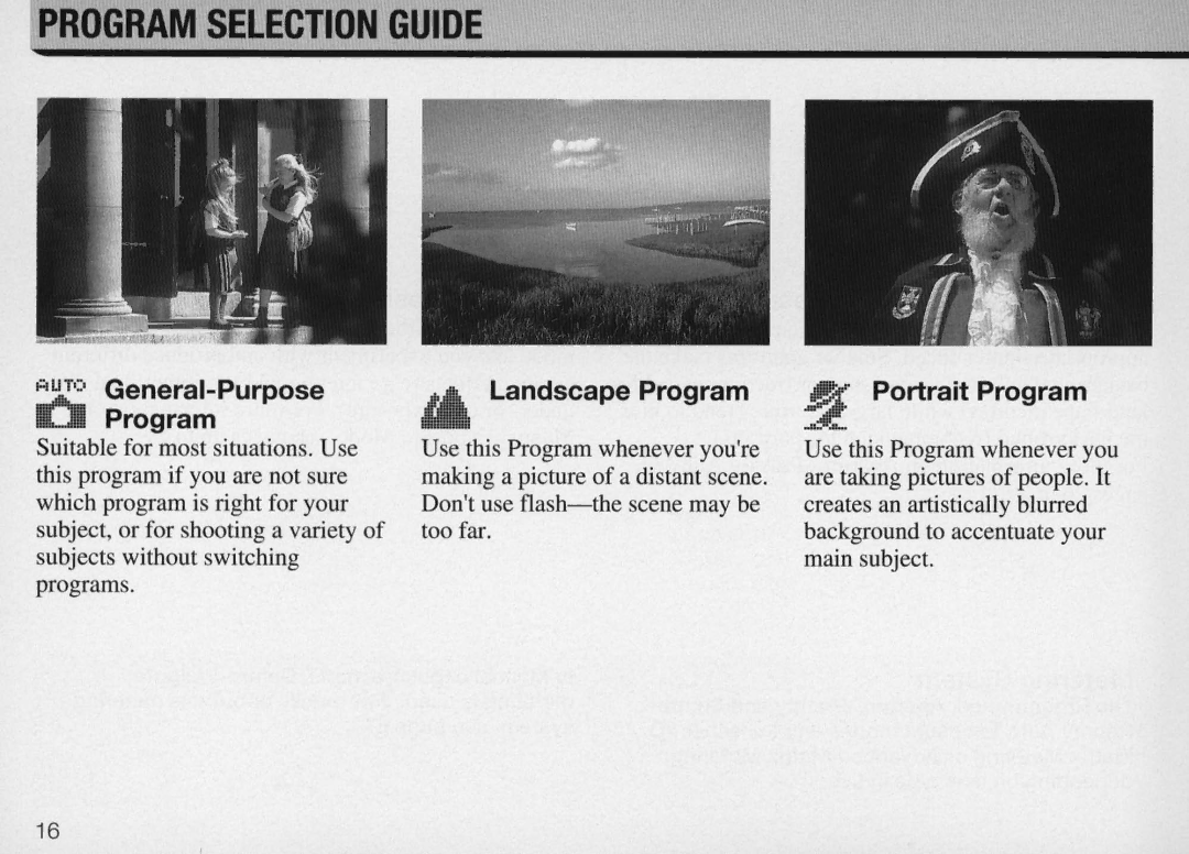 Nikon F50 instruction manual Program Selection Guide, OAUto General-Purpose Landscape Program, 9Portrait Program 