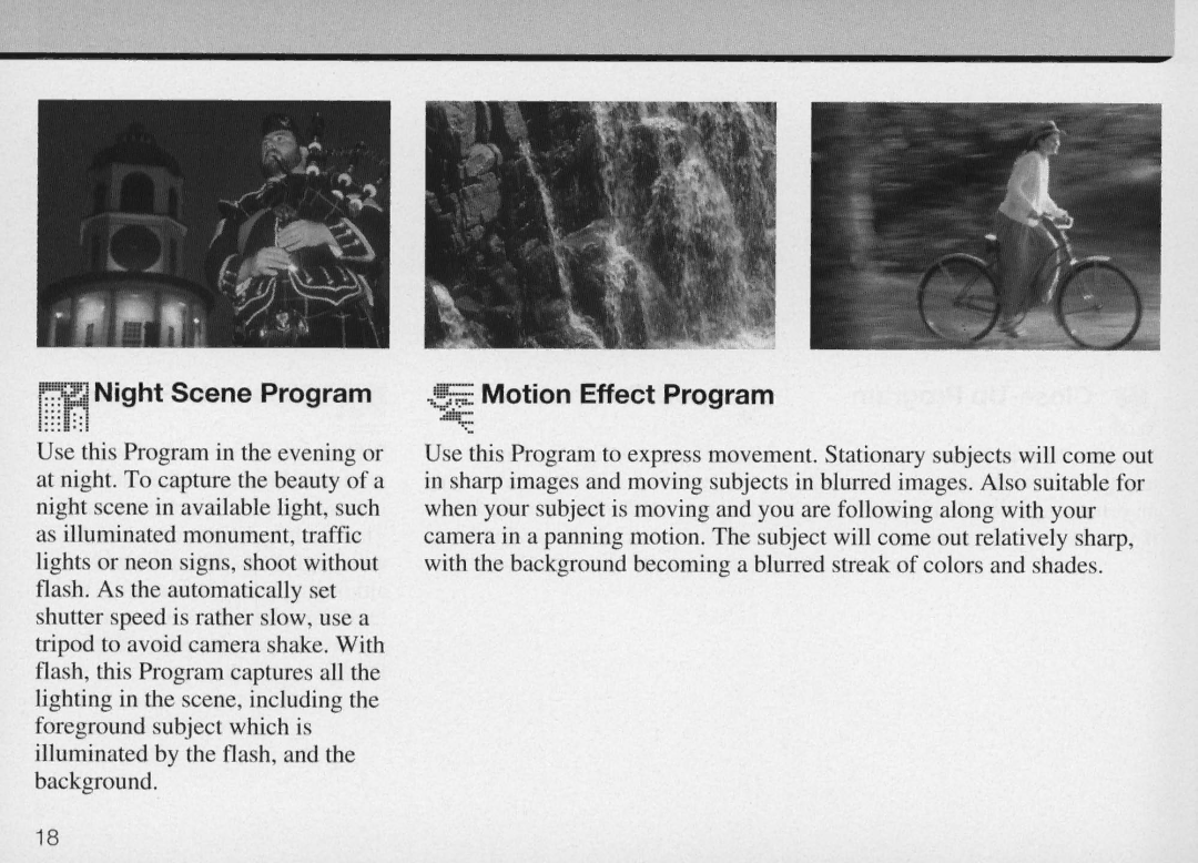 Nikon F50 instruction manual Night Scene Program, ~Motion Effect Program 