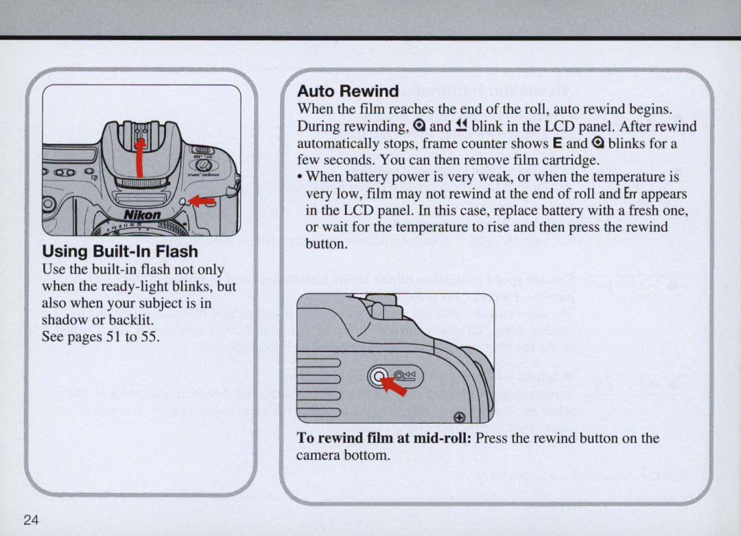 Nikon F50 instruction manual Using Built- In Flash, Auto Rewind 