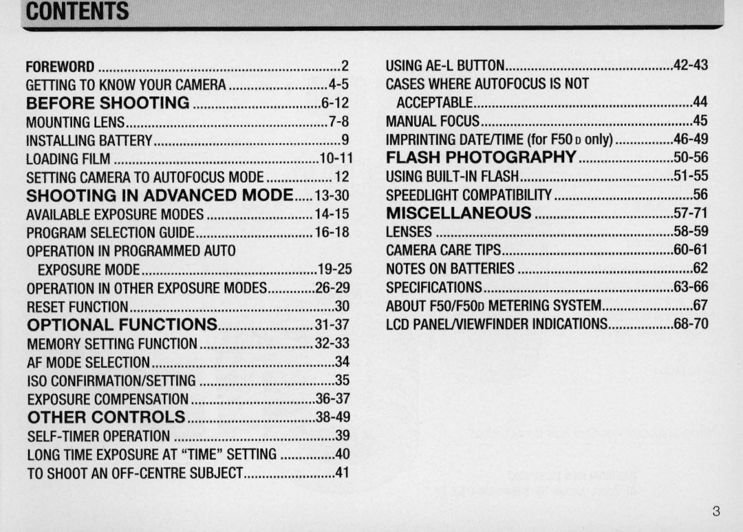 Nikon F50 instruction manual Contents 