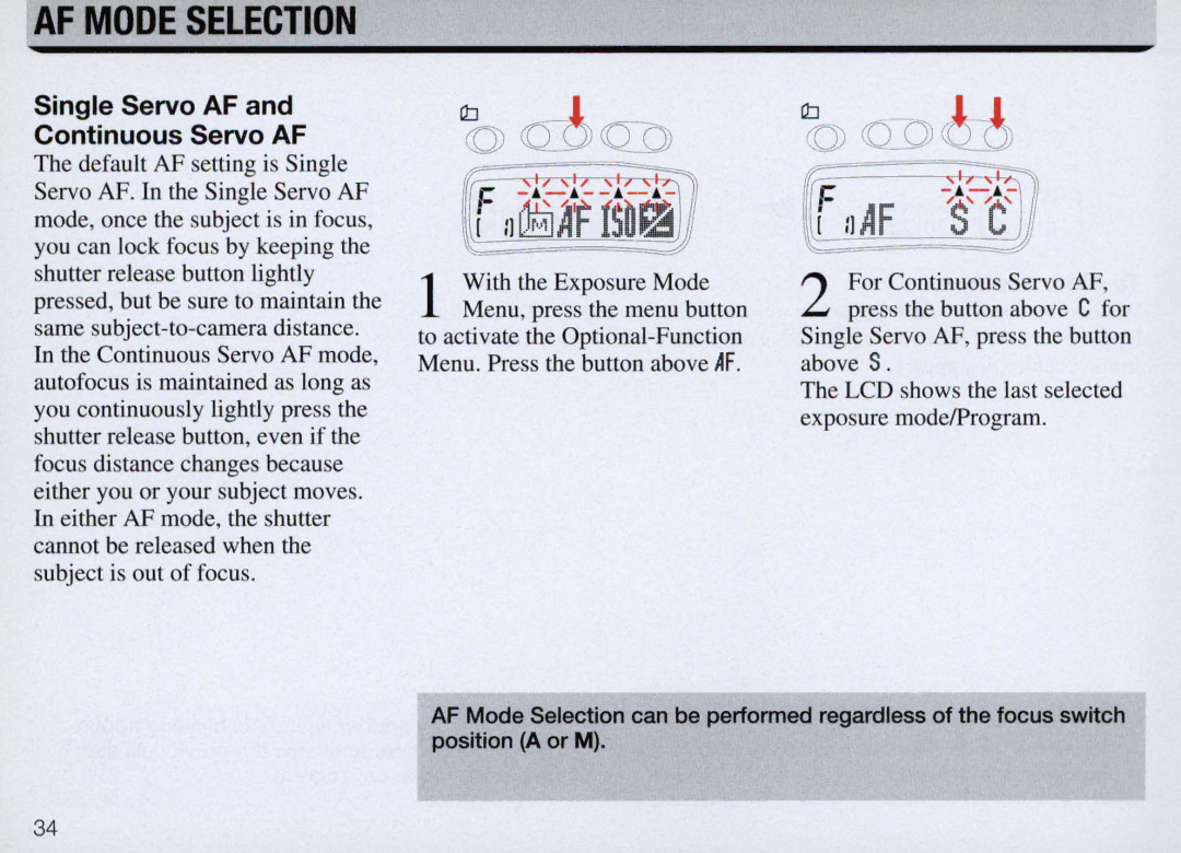 Nikon F50 instruction manual AF Mode Selection, Single Servo AF and Continuous Servo AF 