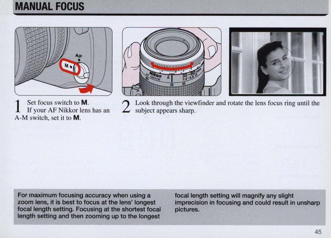 Nikon F50 instruction manual Manual Focus 