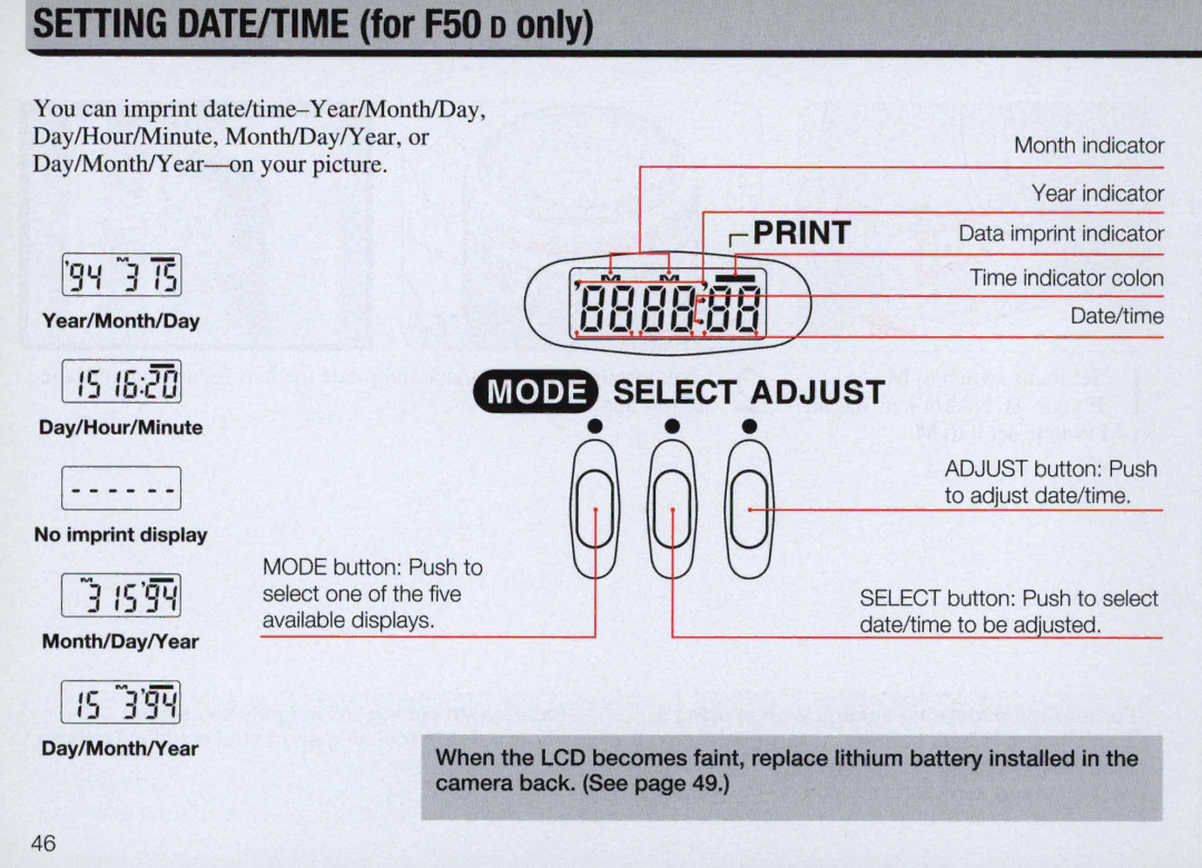 Nikon instruction manual Setting Dateitime for F50 0 only 