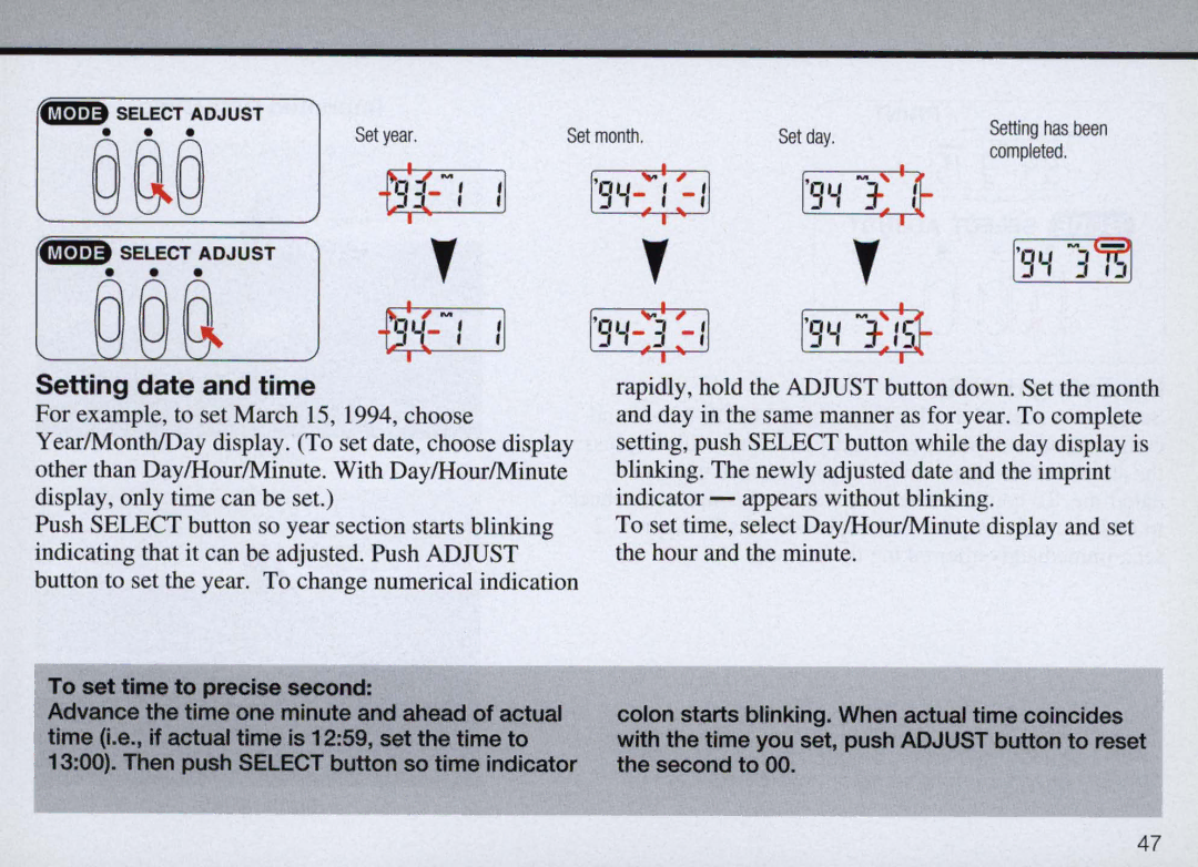 Nikon F50 instruction manual 9Y-3~, Setting date and time 