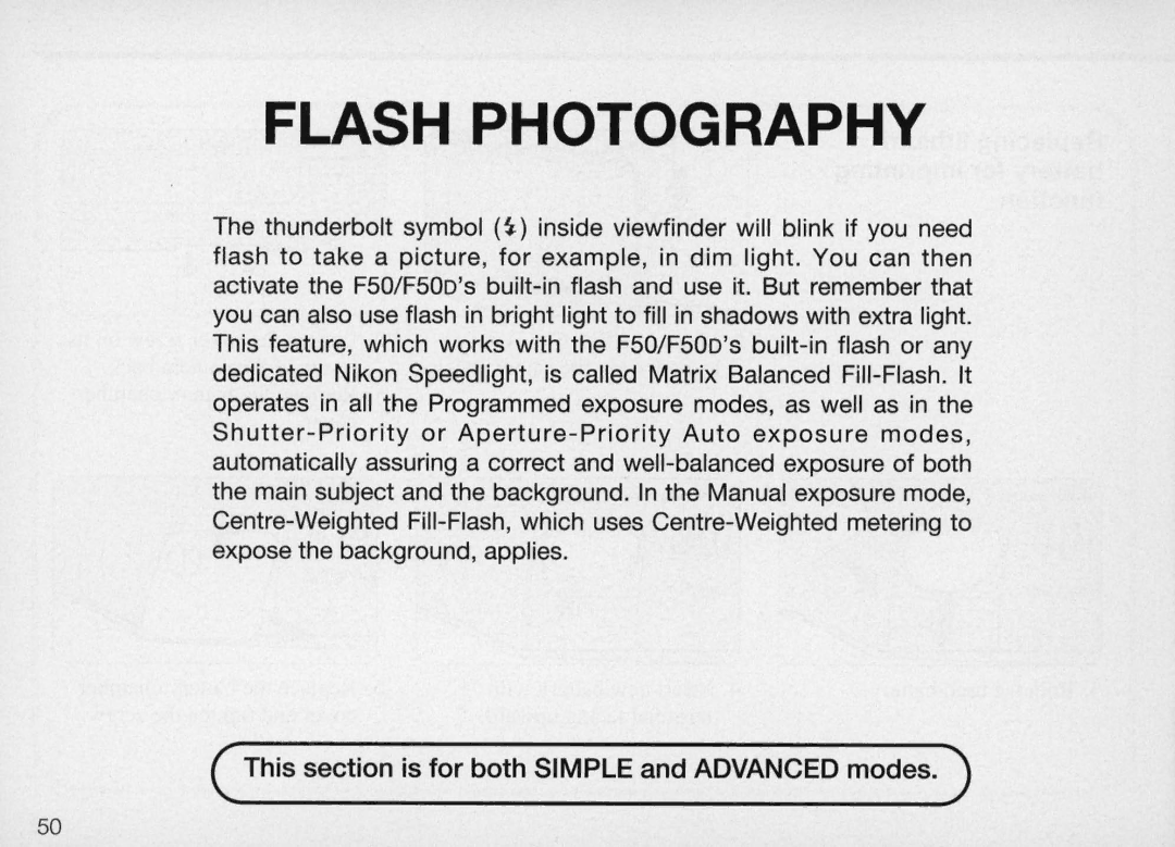 Nikon F50 instruction manual Flash Photography 