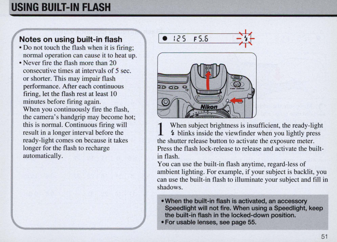 Nikon F50 instruction manual Using BUILT-IN Flash, IeS FS.b 