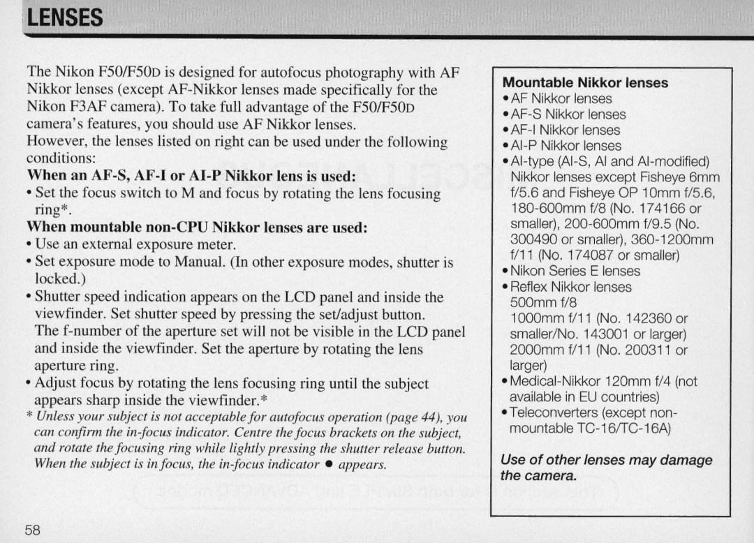 Nikon F50 instruction manual Lenses, Mountable Nikkor lenses 