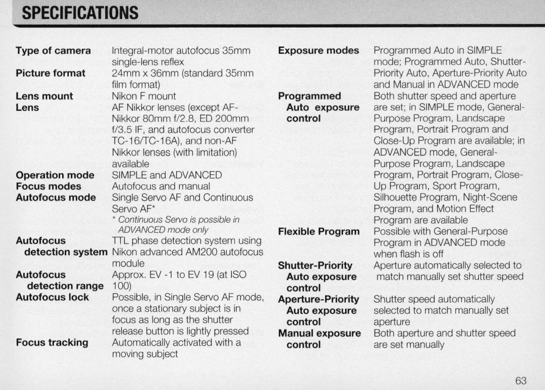 Nikon F50 instruction manual Specifications, Control 