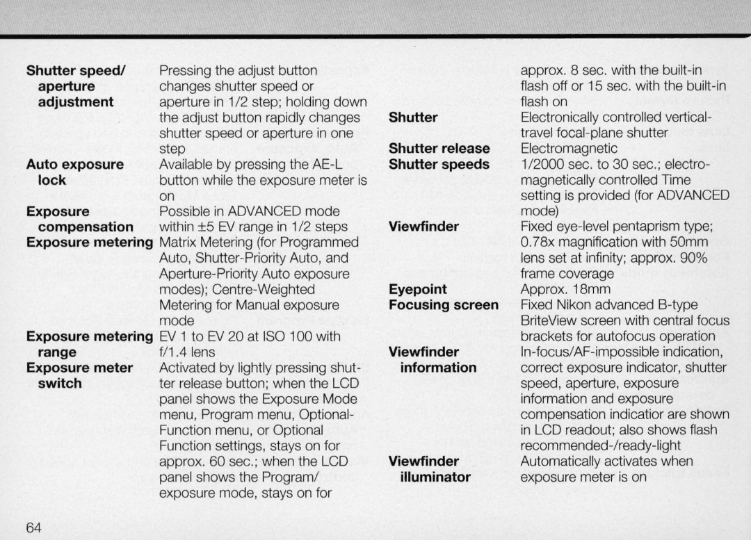 Nikon F50 instruction manual Shutter speeds 