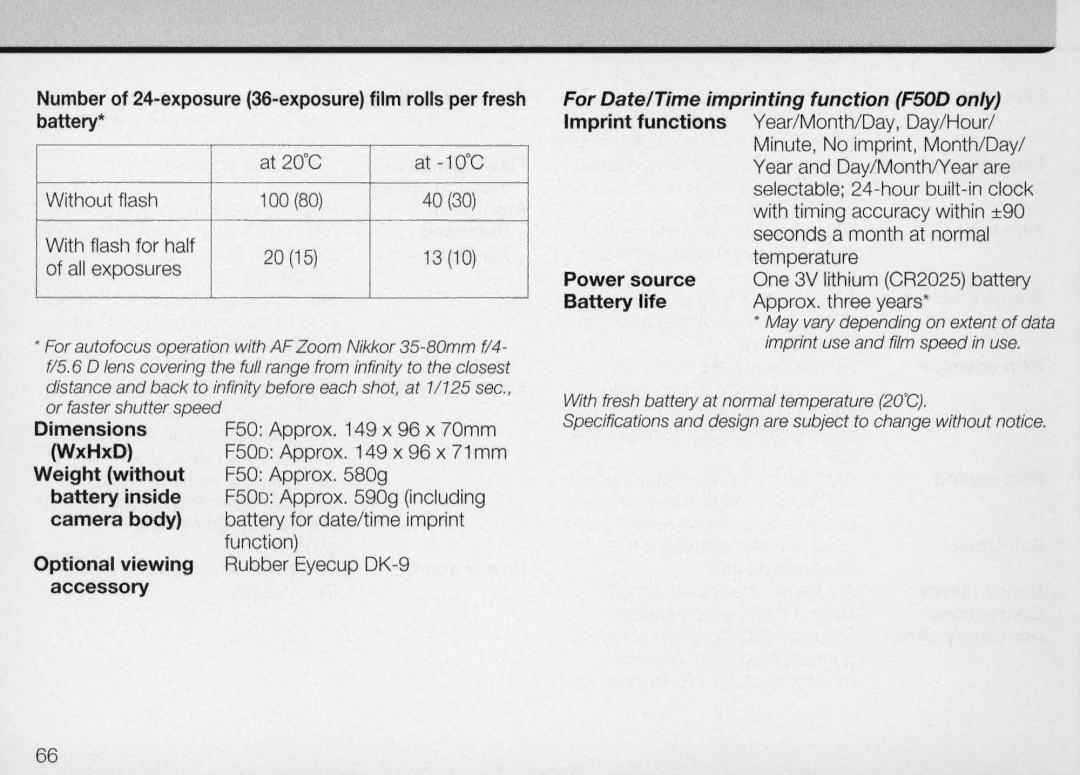 Nikon F50 instruction manual Battery life 