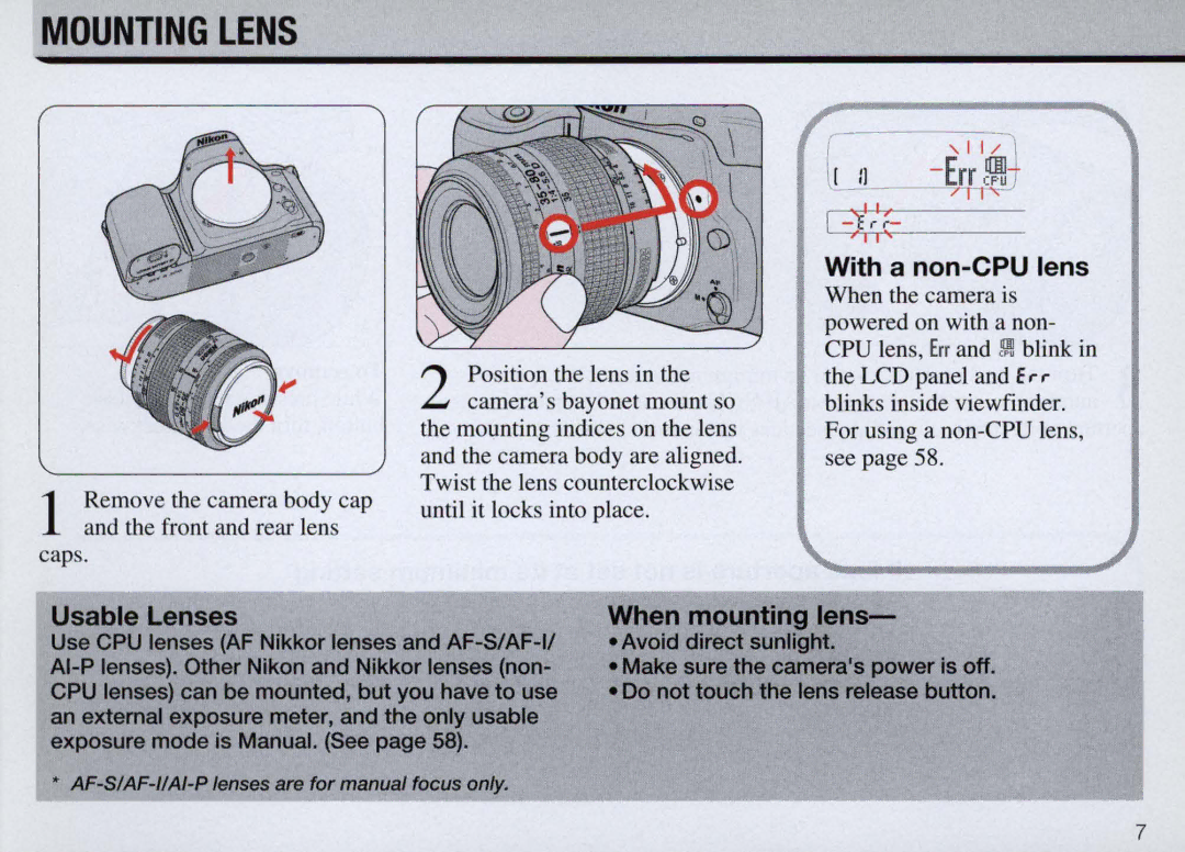 Nikon F50 instruction manual Mounting Lens, With a non-CPU lens, Usable Lenses, When mounting lens 