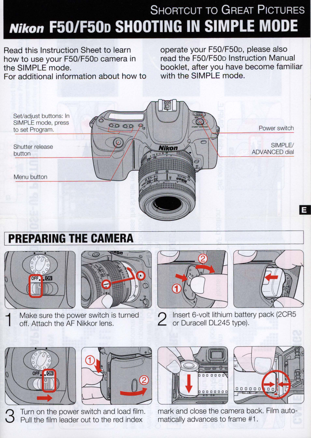 Nikon instruction manual Nikon F50/F50o Shooting in Simple Mode 