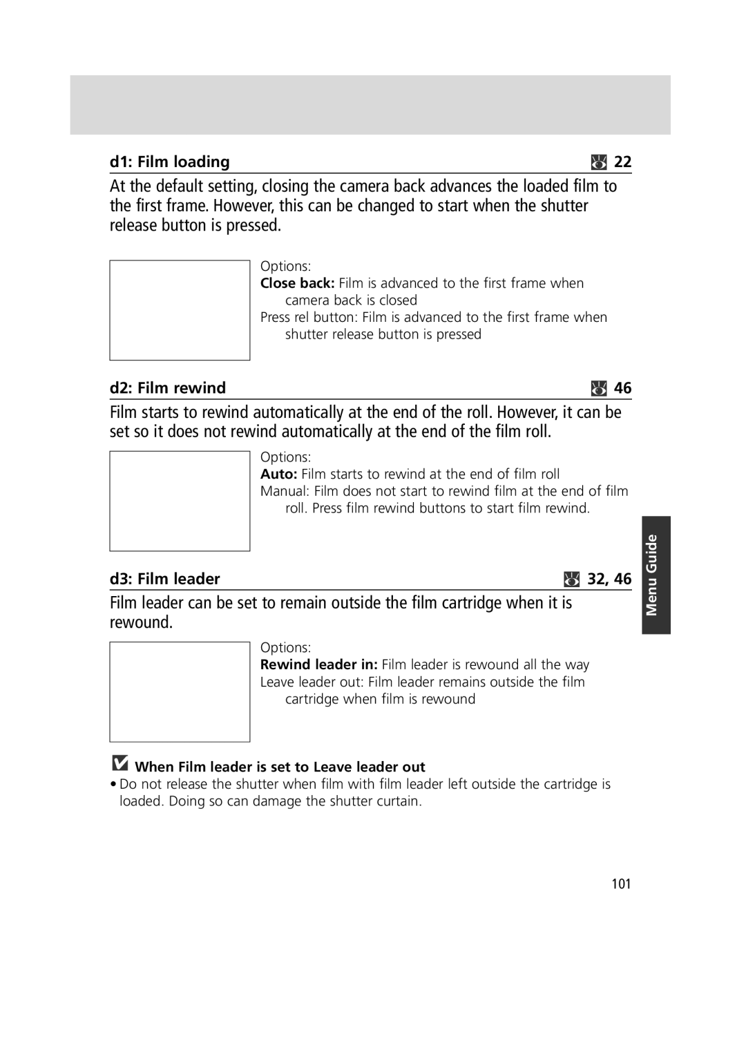 Nikon F6 instruction manual D1 Film loading, D2 Film rewind, D3 Film leader, When Film leader is set to Leave leader out 