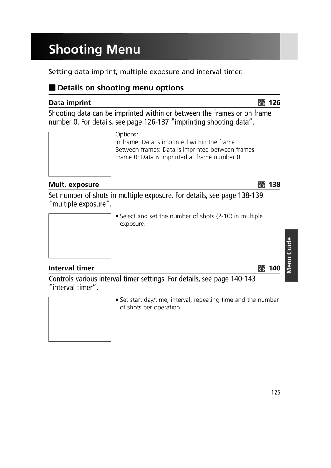 Nikon F6 Shooting Menu, Details on shooting menu options, Data imprint 126, Mult. exposure 138, Interval timer 140 