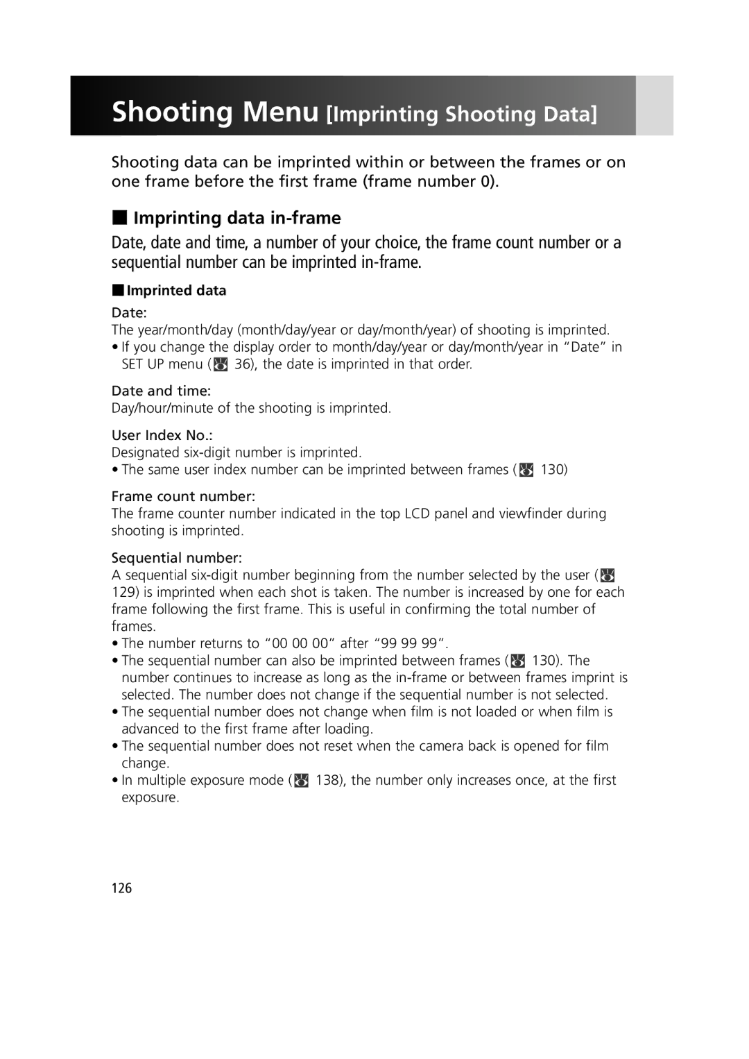 Nikon F6 instruction manual Imprinting data in-frame, Imprinted data 