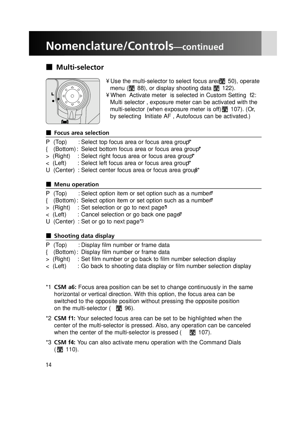 Nikon F6 instruction manual Multi-selector, Focus area selection, Menu operation, Shooting data display 