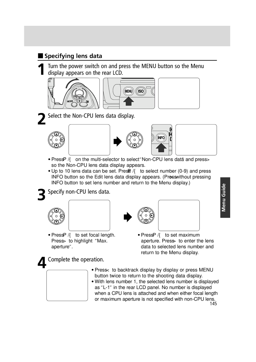 Nikon F6 instruction manual Specifying lens data, Specify non-CPU lens data 