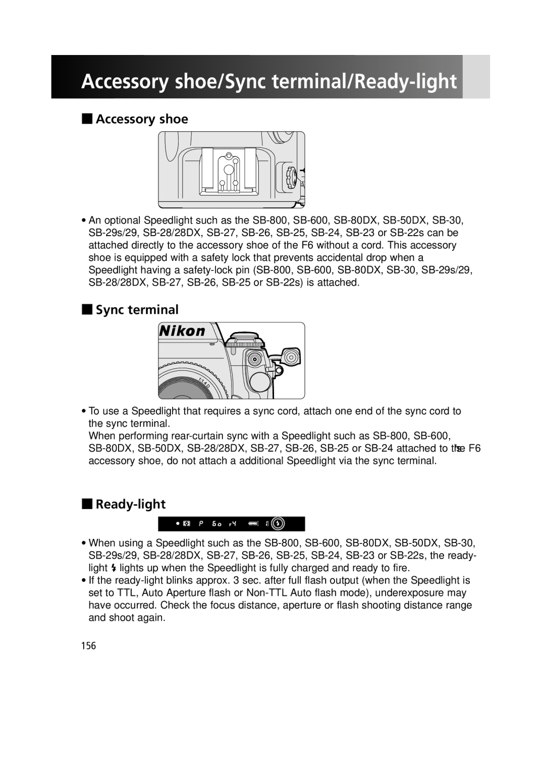 Nikon F6 instruction manual Accessory shoe, Sync terminal, Ready-light 