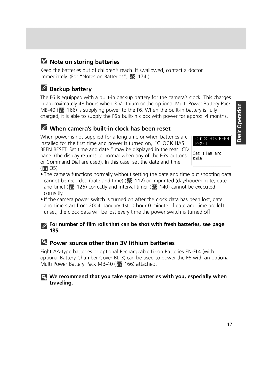 Nikon F6 Backup battery, When camera’s built-in clock has been reset, Power source other than 3V lithium batteries 