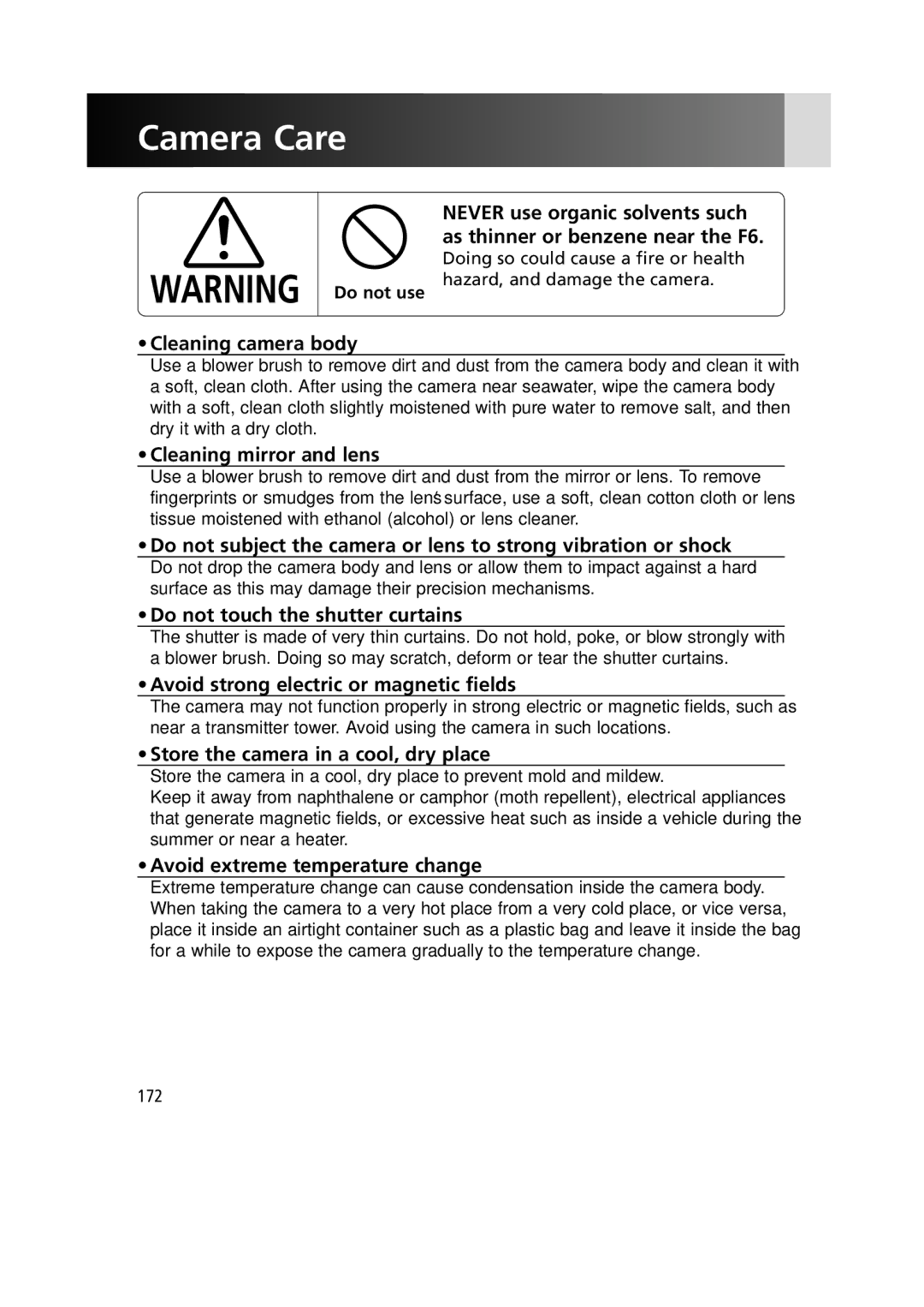 Nikon F6 instruction manual Camera Care 