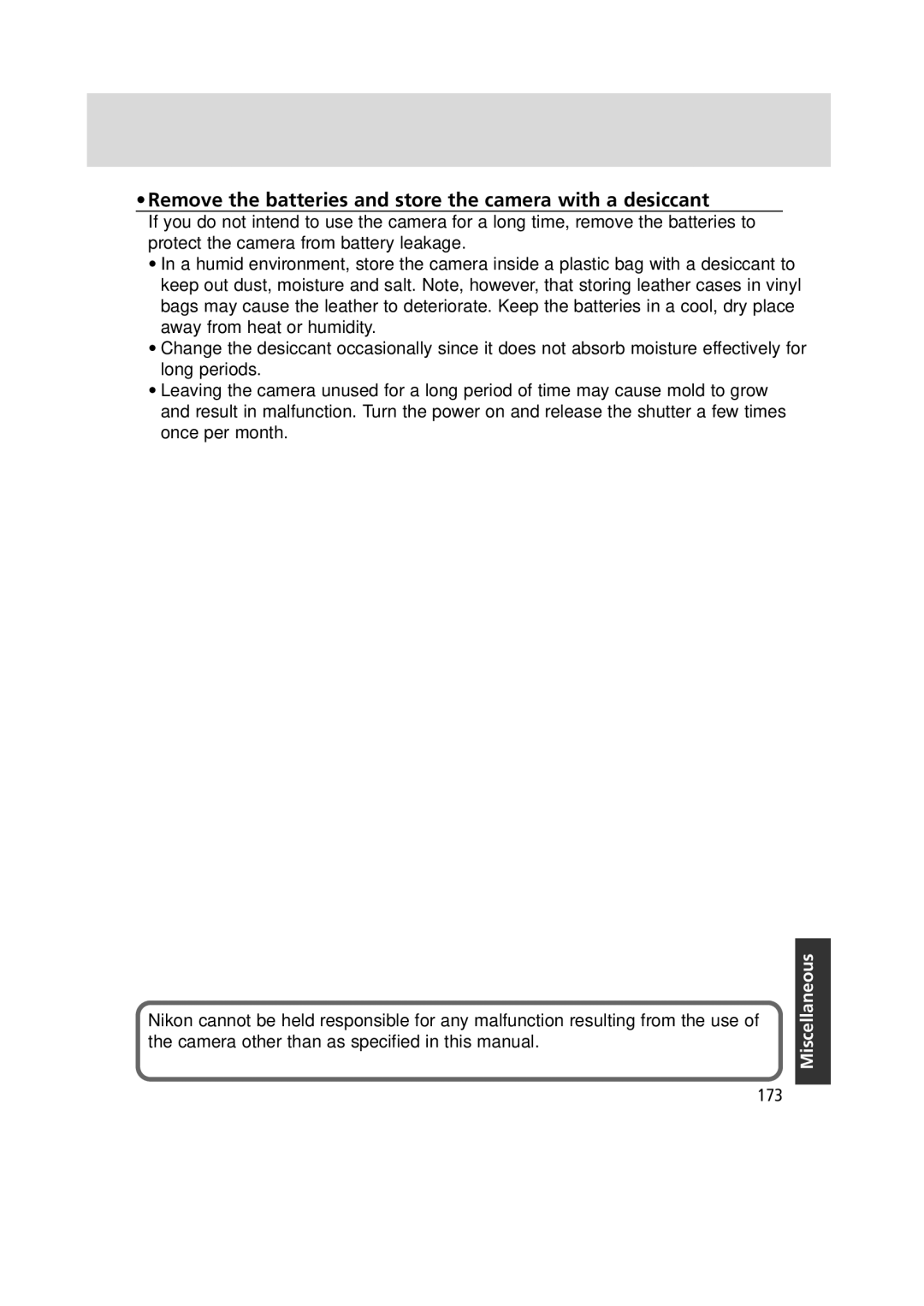 Nikon F6 instruction manual Remove the batteries and store the camera with a desiccant, 173 