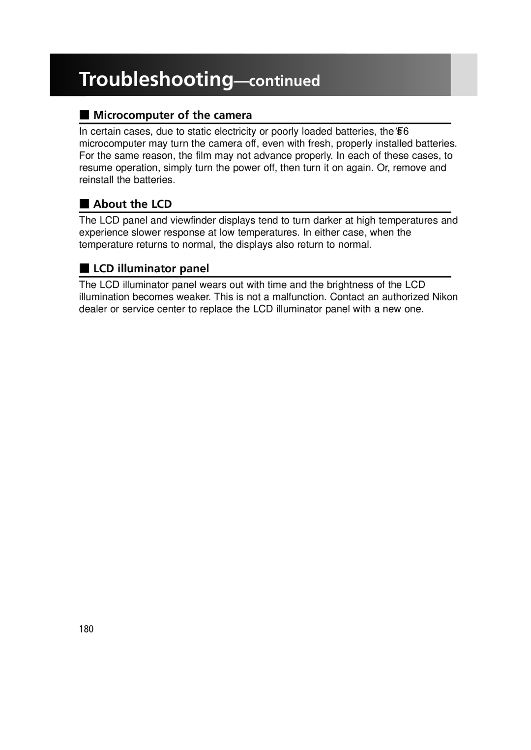 Nikon F6 instruction manual Microcomputer of the camera, About the LCD, LCD illuminator panel, 180 