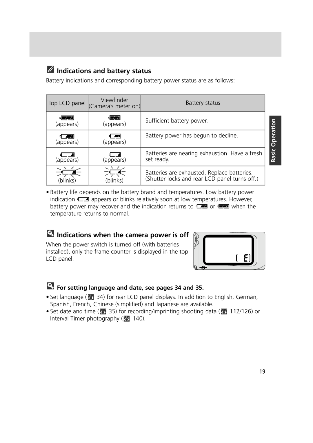 Nikon F6 instruction manual Indications and battery status, Indications when the camera power is off 