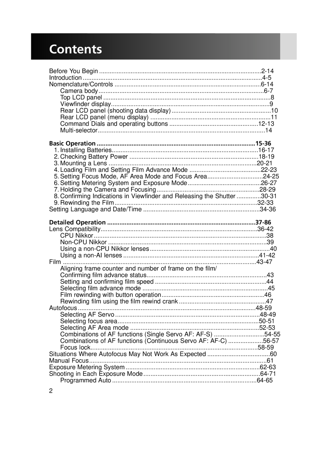 Nikon F6 instruction manual Contents 